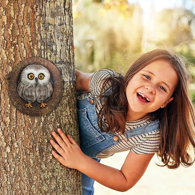 Baby Owl Resin Tree Face, Owlet Tree Hugger, Outdoor Sculpture for Tree Decorations, Whimsical Owl Garden Ornament, Tree Statue Peeker, Patio Yard Lawn Porch Decor, Durable & Waterproof Garden Present-VerdiqueGarden