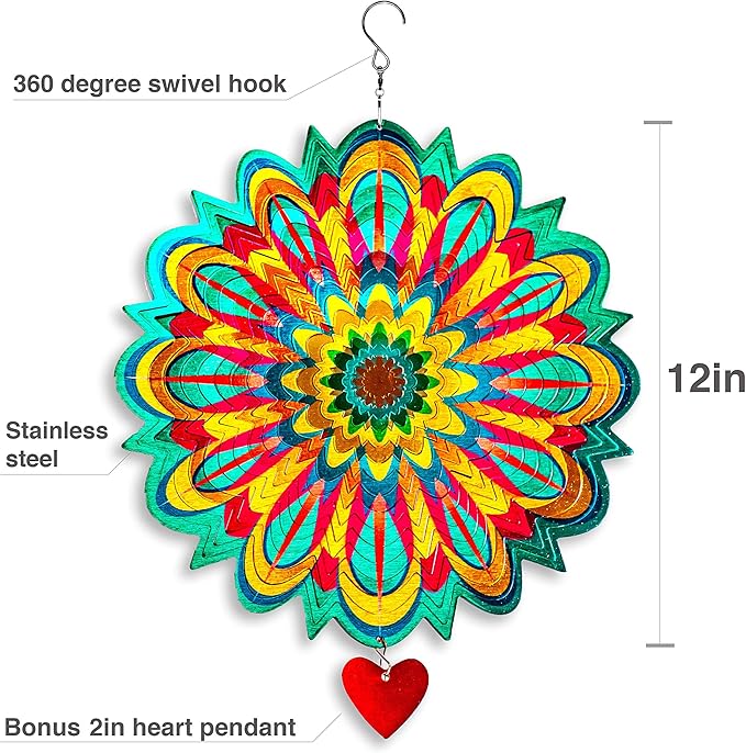 SteadyDoggie Wind Spinner Mandala Flame 12 inches - 3D Stainless Steel - Laser Cut Metal Art Geometric Pattern - Yard Spinners Outdoor - Hanging Wind Spinner, Kinetic Yard Art Decorations-VerdiqueGarden