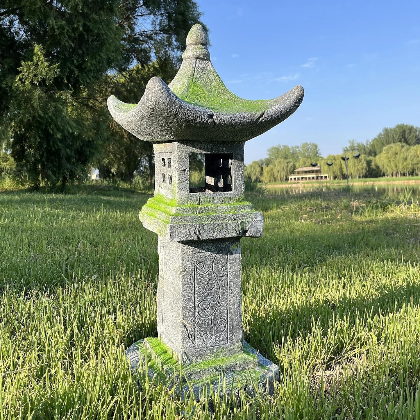 31.5’’High Japanese Pagoda Statue Moss-Covered Retro Miniature Tower Lantern Garden Decoration Figurines Outdoor Asian Decoration Zen Courtyard Landscape…-VerdiqueGarden