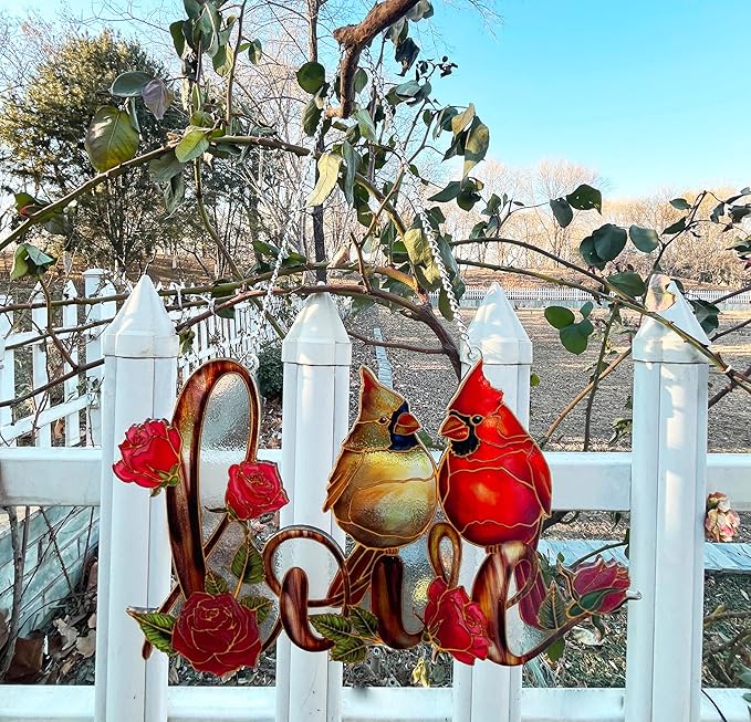 Love with Red Cardinal Suncatcher Red Bird Stained Glass Suncatchers Window Hanging Ornament for Home Decor for Valentine's Day Mother's Day Women Mom Birds Lovers Friends (Love)-VerdiqueGarden