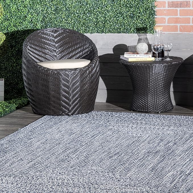 nuLOOM 8' x 10' Solid Hand Braided Indoor/Outdoor Area Rug, Pet-Friendly, High Traffic, Weather Resistant, for Patio, Balcony, Bedroom, Living, Dining Room, Wynn Navy-VerdiqueGarden