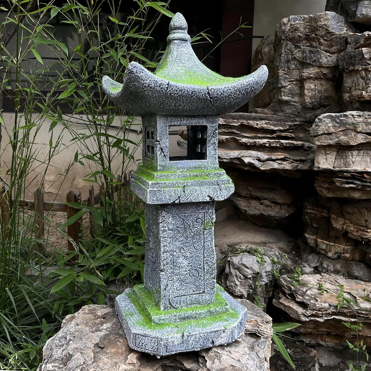 31.5’’High Japanese Pagoda Statue Moss-Covered Retro Miniature Tower Lantern Garden Decoration Figurines Outdoor Asian Decoration Zen Courtyard Landscape…-VerdiqueGarden