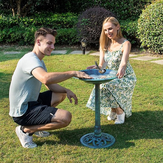 VIVOHOME 28 Inch Height Polyresin Lightweight Antique Outdoor Garden Bird Bath Green-VerdiqueGarden