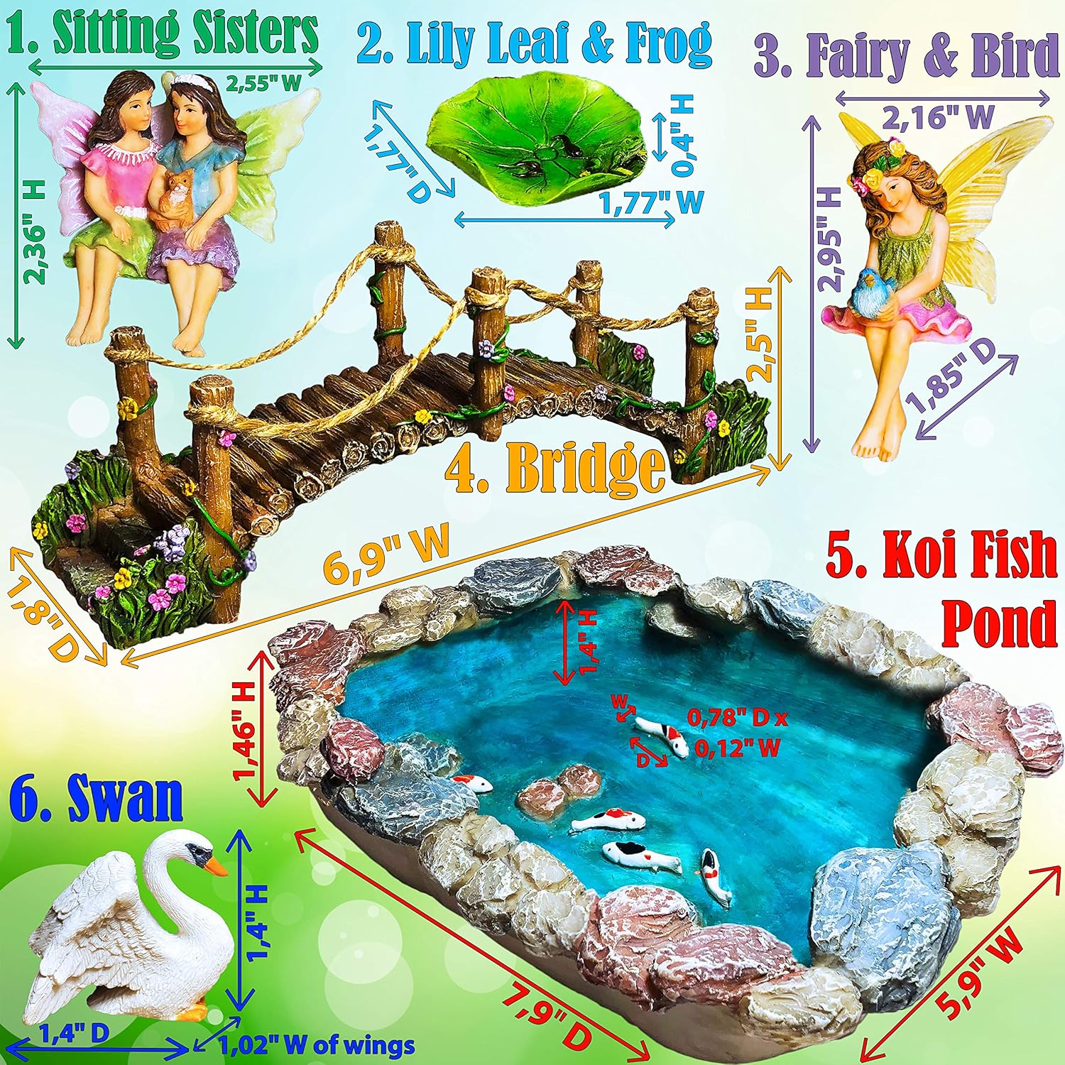 Mood Lab Fairy Garden Fish Pond Kit - Miniature Bridge Set of 6 pcs Fairy Garden Figurines & Accessories - Outdoor or House Decor-VerdiqueGarden