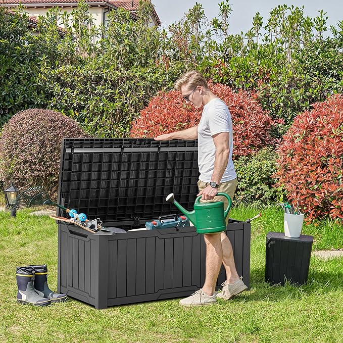 YITAHOME 120 Gallon Outdoor Storage Deck Box, Large Resin Patio Storage for Outdoor Pillows, Garden Tools and Pool Supplies, Waterproof, Lockable, (Dark Grey)-VerdiqueGarden