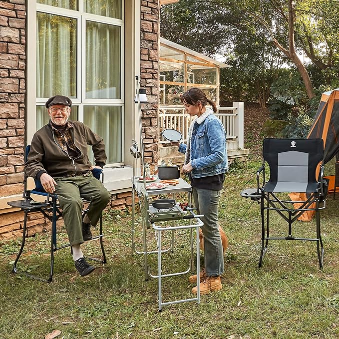 EVER ADVANCED Portable 30.7" Seat Height Tall Folding Camping Chair Directors Chair High Foldable Bar Stool with Side Table for Makeup Artist, Sports Event, Craft Show, Supports 350LBS Black Grey-VerdiqueGarden