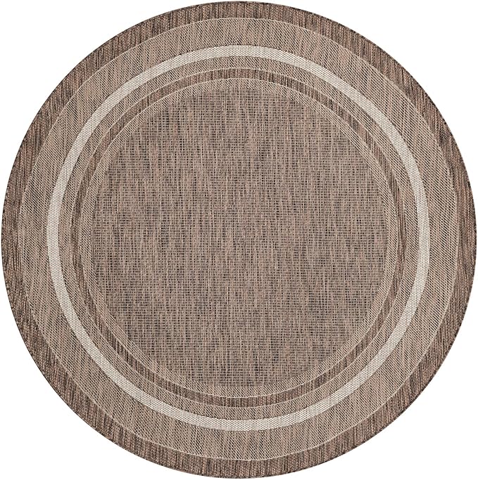 Unique Loom Outdoor Border Collection Area Rug - Soft Border (6' 1" Round Brown/Ivory)-VerdiqueGarden