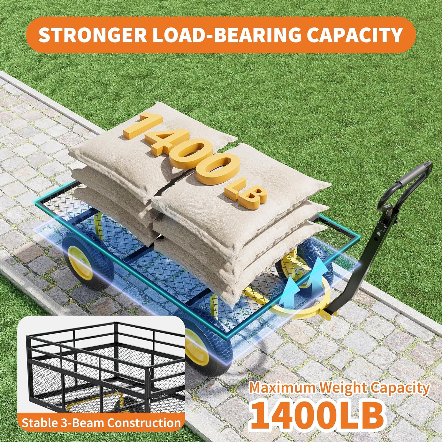 3-in-1 Heavy-Duty Steel Garden Cart, 1400 Lbs Garden Wagon, with 13 Inch All-Terrain Tires and Removable Mesh Side Panels, 180° Rotating Handle, Metal Utility Yard Trailer, Outdoor Gardens Wagon Cart-VerdiqueGarden