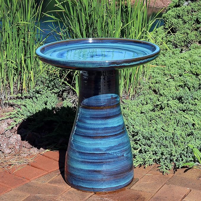 Sunnydaze 21" H Ceramic Bird Bath for Outside - Hand-Painted Outdoor Bird Bath Bowl, UV/Frost-Resistant Finish - Galaxy Blue - Classic Pedestal-VerdiqueGarden
