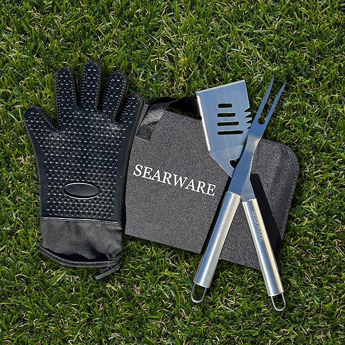 Barbecue Grill Tool Set - Stainless Steel - Strong Durable Design - Heat Resistant Glove & Bristle Free Grill Brush - Thermometer, Meat Injector, & Corn Skewers - Perfect For Smokers & Grills-VerdiqueGarden