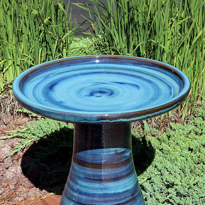 Sunnydaze 21" H Ceramic Bird Bath for Outside - Hand-Painted Outdoor Bird Bath Bowl, UV/Frost-Resistant Finish - Galaxy Blue - Classic Pedestal-VerdiqueGarden