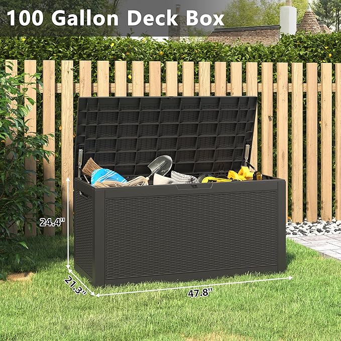 NUNU LAB 102 Gallon Large Waterproof Resin Deck Box, Lockable Outdoor Storage Box with Gas Lift, Patio Cushions, Garden Tools, Pool Supplies, Indoor Outdoor Storage Container, Black-VerdiqueGarden