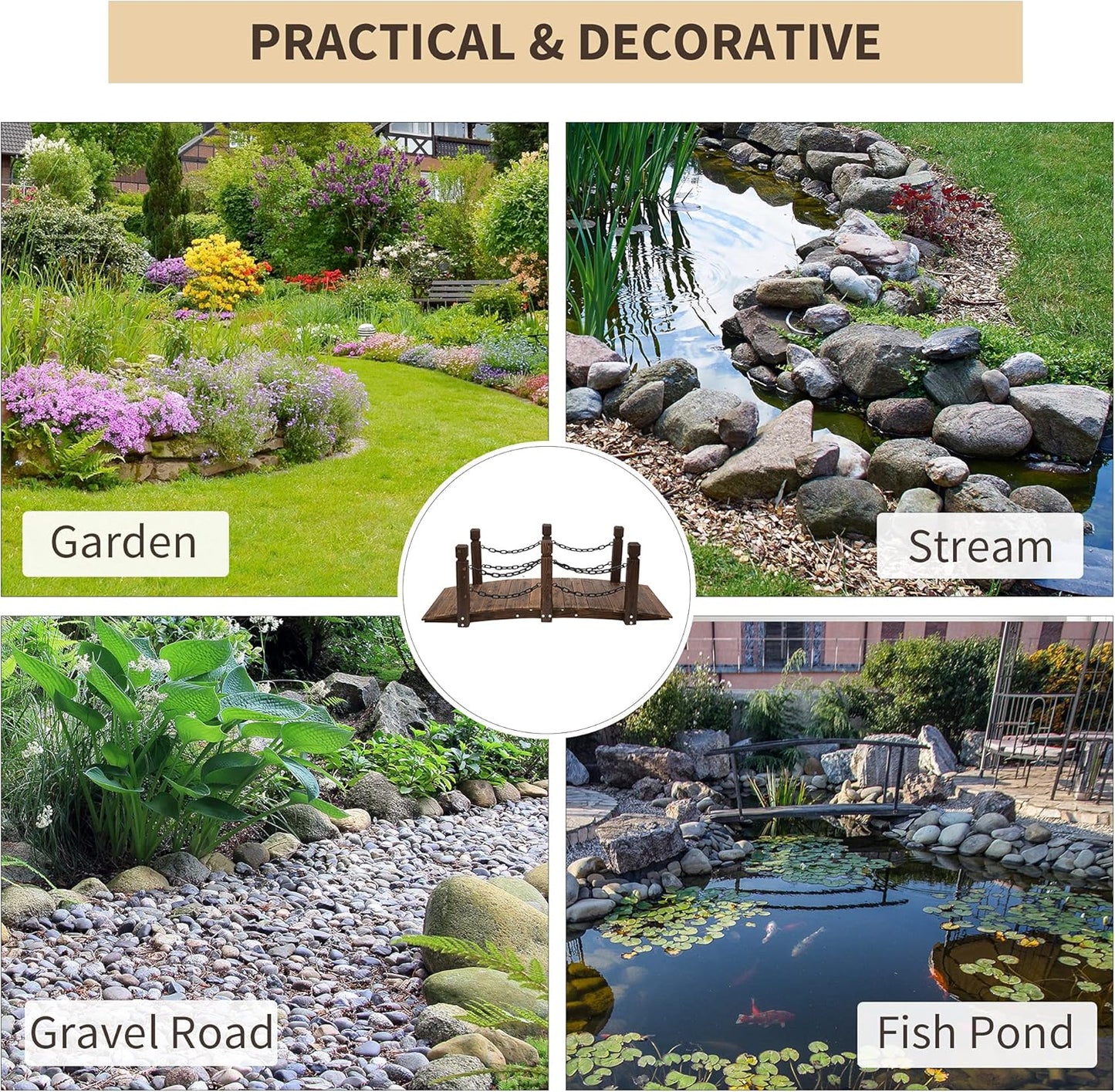 Outsunny 5 ft Wooden Garden Bridge Arc Footbridge with Metal Chain Railings & Solid Fir Construction, Carbonized-VerdiqueGarden