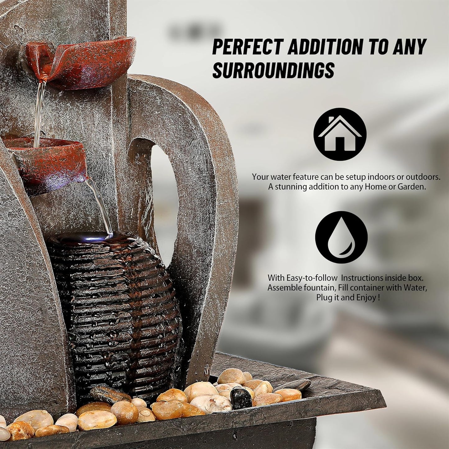 16 inch Waterfall Fountain Indoor-Tabletop Water Fountain-Outdoor Waterfall Spilling into pots Hung on monolithic Water Wall-with LED Lights-Soothing Indoor Waterfall Sounds from Water Machine-VerdiqueGarden