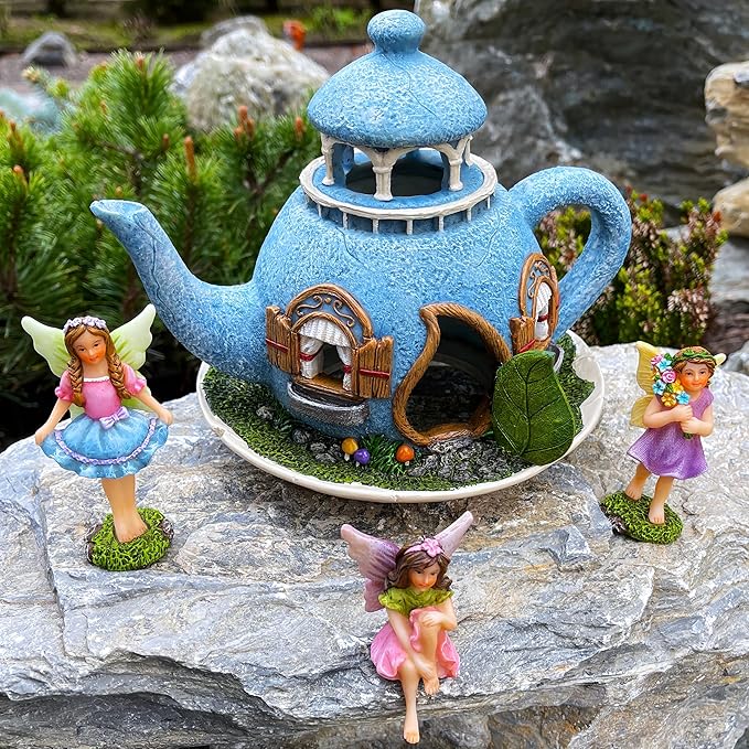 Mood Lab Fairy Garden Miniature Teapot House Kit - Figurines and Accessories Set of 4 pcs - 7.1 Inch Tall House-VerdiqueGarden