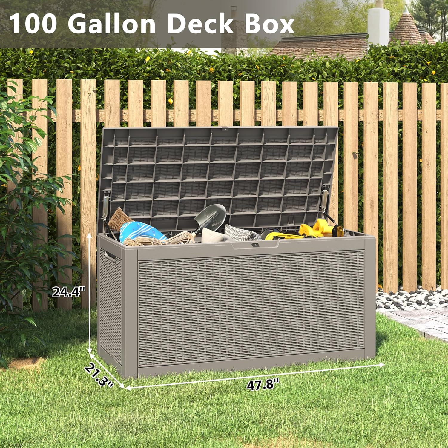 100 Gallon Deck Box Lockable Rattan Outdoor Storage Box waterproof Outdoor Container for Patio Furniture Cushions, Pillow-VerdiqueGarden