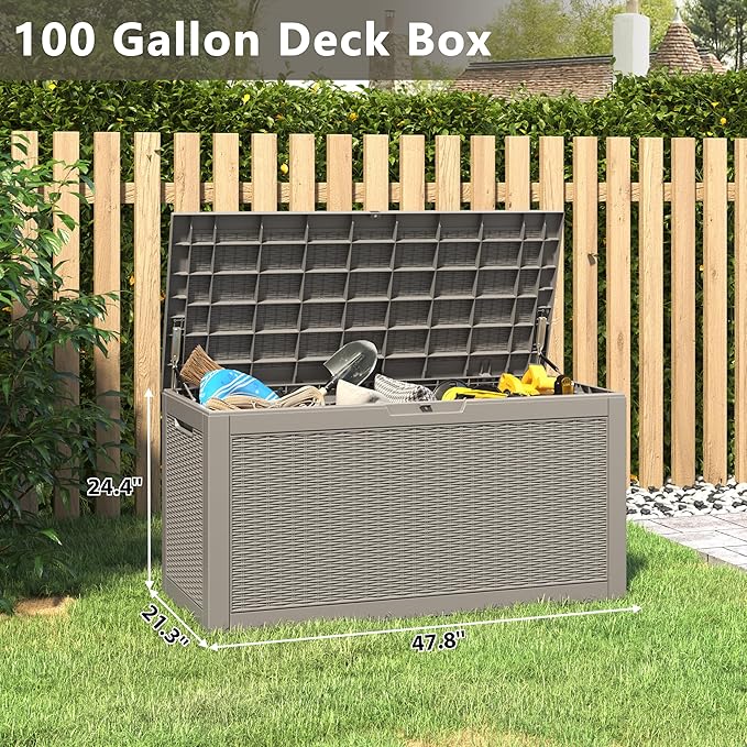 NUNU LAB 102 Gallon Large Waterproof Resin Deck Box, Lockable Outdoor Storage Box with Gas Lift, Patio Cushions, Garden Tools, Pool Supplies, Indoor Outdoor Storage Container, Grey-VerdiqueGarden
