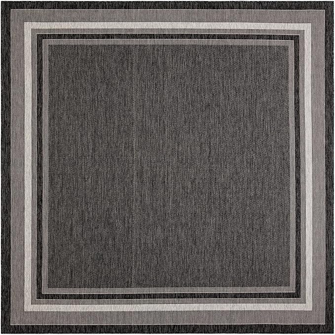 Unique Loom Outdoor Border Collection Area Rug - Soft Border (10' Square Black/Ivory)-VerdiqueGarden