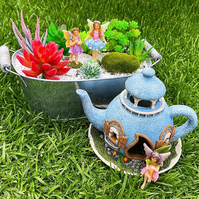 Mood Lab Fairy Garden Miniature Teapot House Kit - Figurines and Accessories Set of 4 pcs - 7.1 Inch Tall House-VerdiqueGarden