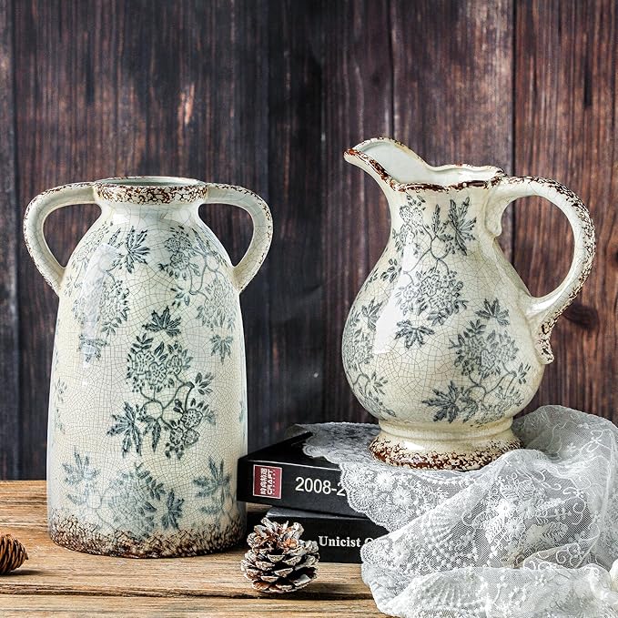 Enra Large Vintage Blue and White and Pitcher for Home Decor, 9.7 Inch Rustic Chinoiserie Decorative Vases, Green and Beige Ceramic Vases for Living Room, Kitchen, Office – Large Vases for Decor-VerdiqueGarden