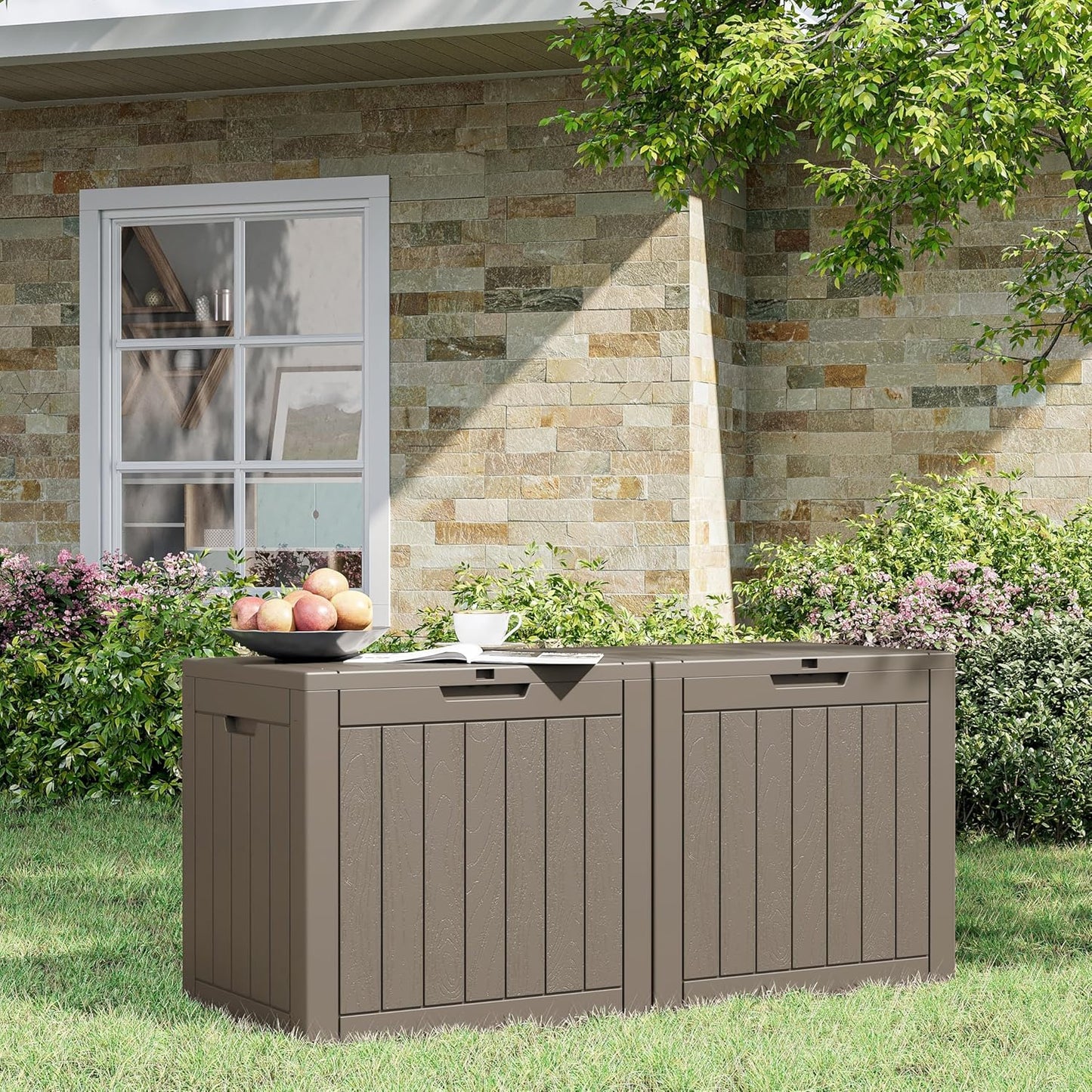 32 Gallon Deck Box Lockable Resin Indoor Outdoor Storage Box waterproof Outdoor Container for Patio Furniture, Pool Accessories, Cushions, Garden Tools, Sports Equipment-VerdiqueGarden