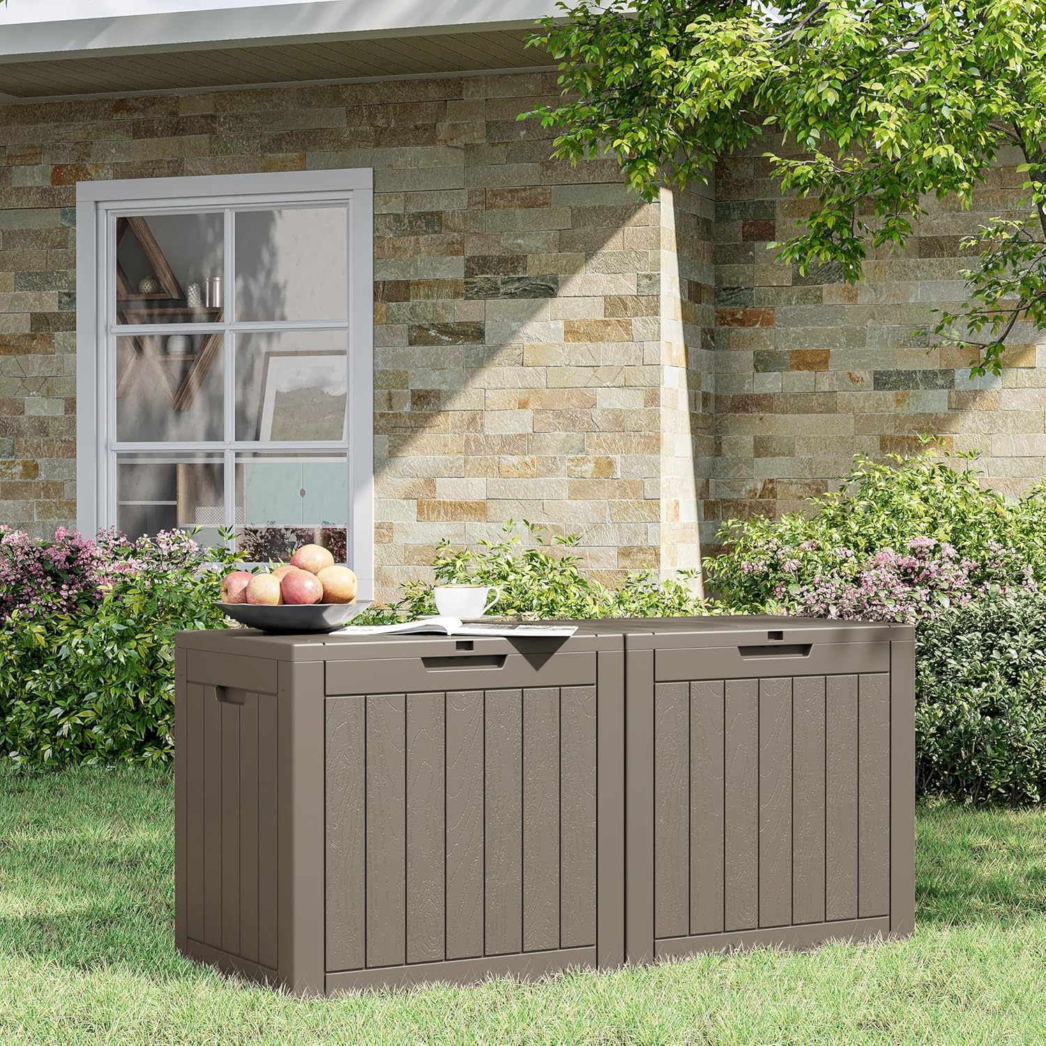 32 Gallon Deck Box Lockable Resin Indoor Outdoor Storage Box waterproof Outdoor Container for Patio Furniture, Pool Accessories, Cushions, Garden Tools, Sports Equipment-VerdiqueGarden