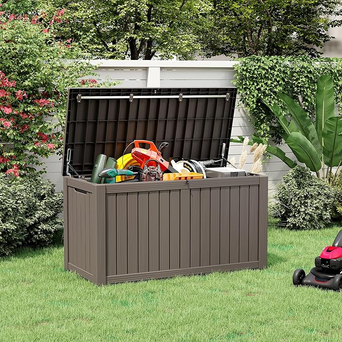 KAMABOKO Outdoor Storage Box, 150 Gallon Large Outdoor Resin Deck Box, Storage Waterproof Boxes Lockable Lid for Garden Tools, Pool Supplies, Patio Furniture and Cushions, Grey-VerdiqueGarden