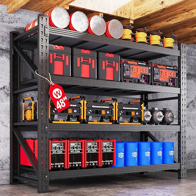 3000LBS Metal Storage Shelves, 48” W Heavy Duty Garage Shelving Units, 4 Tier Storage rack shelf, Steel Industrial Shelving , Adjustable Standing Shelf for Basement/Warehouse 48"W x 24"D x 70"H, Black-VerdiqueGarden