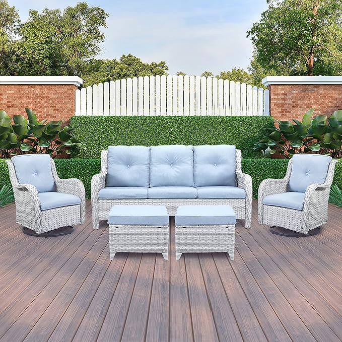 Outdoor Swivel Rcoker Patio Chairs - Outdoor Swivel Patio Chairs Set of 2 Wicker Chair Patio Furniture Sets with Covered Cushion for Porch Deck Balcony Garden, Baby Blue-VerdiqueGarden