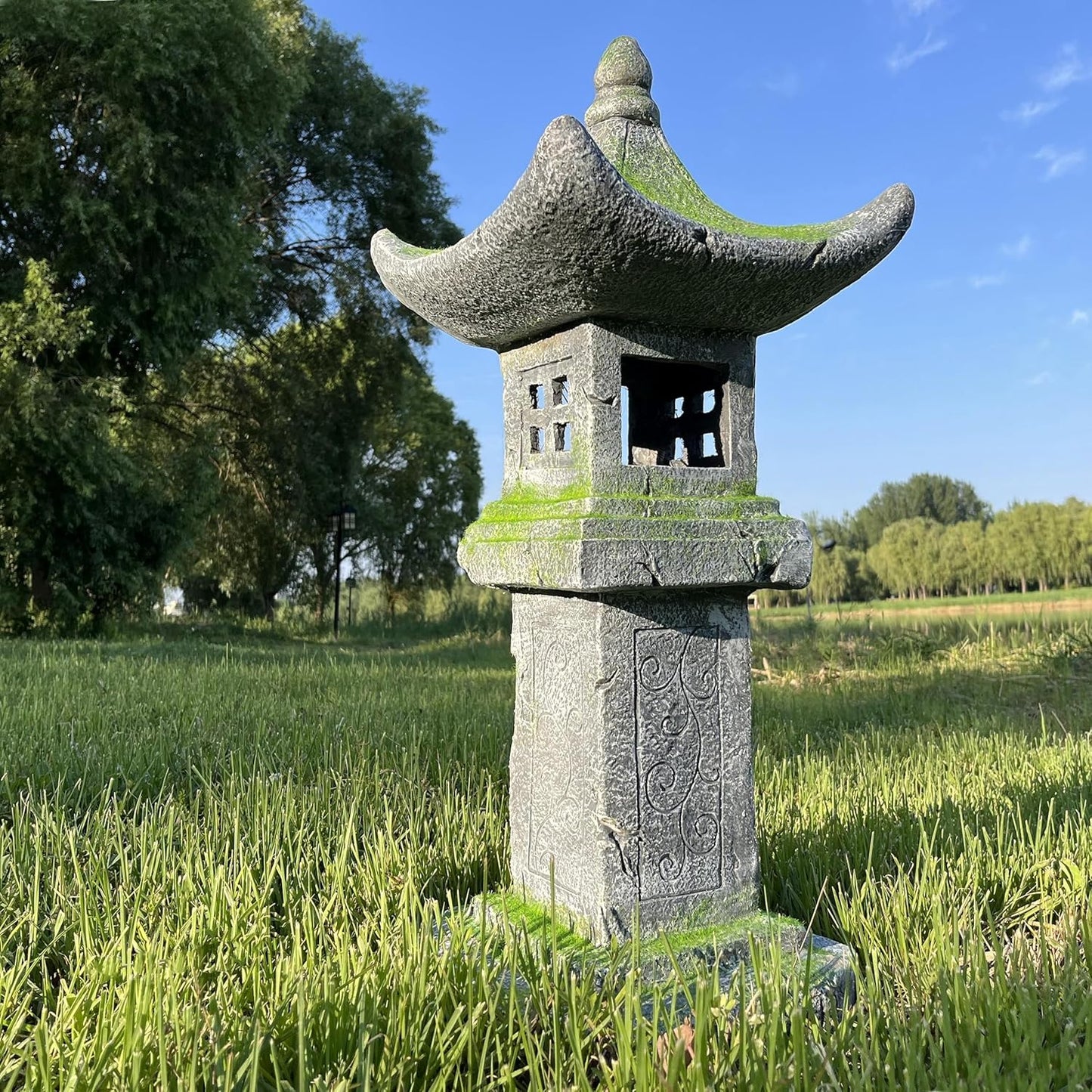 31.5’’High Japanese Pagoda Statue Moss-Covered Retro Miniature Tower Lantern Garden Decoration Figurines Outdoor Asian Decoration Zen Courtyard Landscape…-VerdiqueGarden