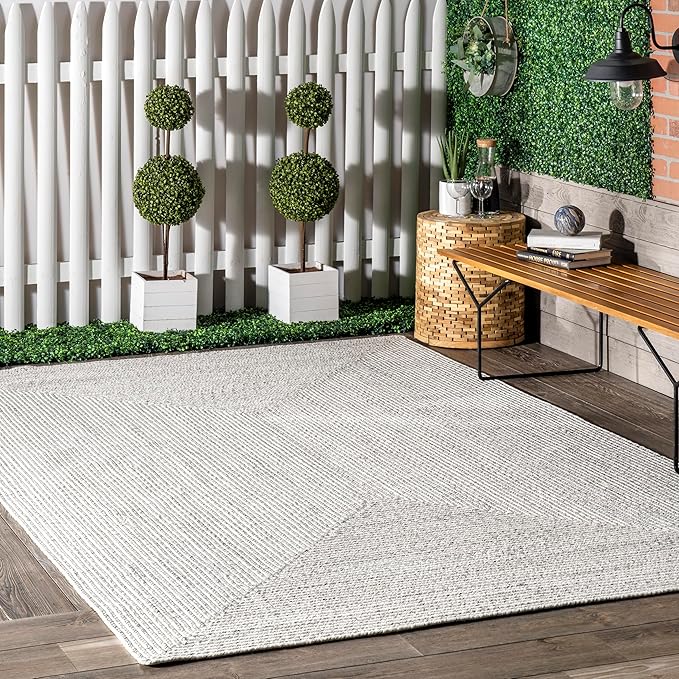 nuLOOM 6' x 9' Solid Hand Braided Indoor/Outdoor Area Rug, Pet-Friendly, High Traffic, Weather Resistant, for Patio, Balcony, Bedroom, Living Room, Dining Room, Wynn Ivory-VerdiqueGarden