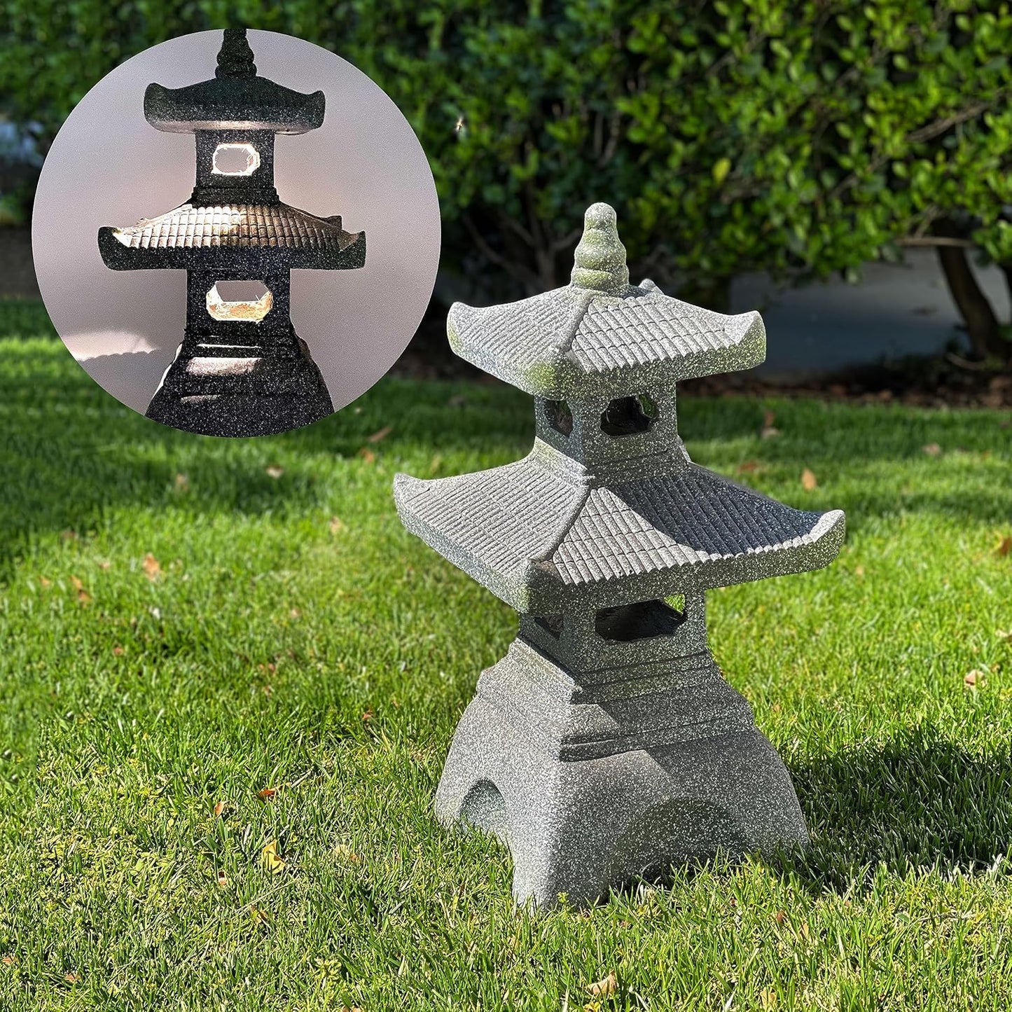 Galt International 2 Tier Pagoda Garden Statue LED Solar Powered Light 26" Tall Outdoor Zen Garden Lantern Landscape Lawn Asian Pagoda Stupa Decor Grey Resin-VerdiqueGarden