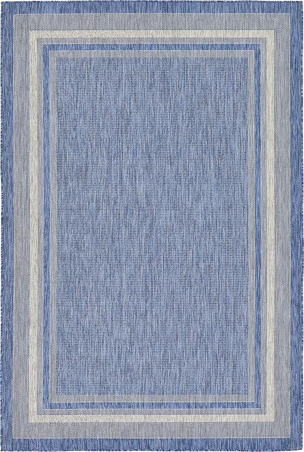 Unique Loom Outdoor Border Collection Area Rug - Soft Border (6' 1" x 9' Rectangle, Blue/ Ivory)-VerdiqueGarden