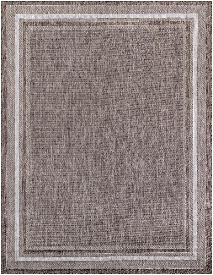 Unique Loom Outdoor Border Collection Area Rug - Soft Border (10' x 13' 1" Rectangle Brown/Ivory)-VerdiqueGarden
