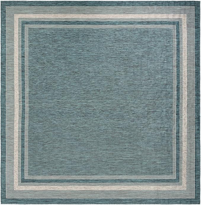 Unique Loom Outdoor Border Collection Area Rug - Soft Border (12' Square Teal/Ivory)-VerdiqueGarden