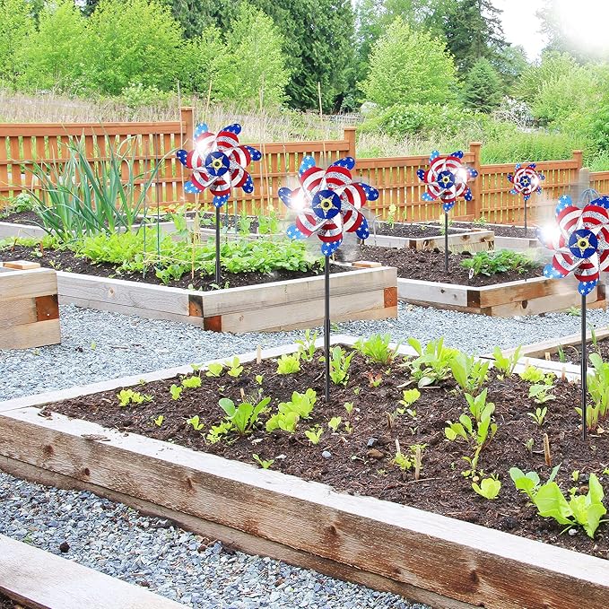 BATTIFE 10 Packs Patriotic Sparkly Reflective Pinwheels for Yard and Garden, American Flags Blinding Birds Pin Wheel Scare Birds & Animal Away, Wind Spinner for 4th of July-VerdiqueGarden