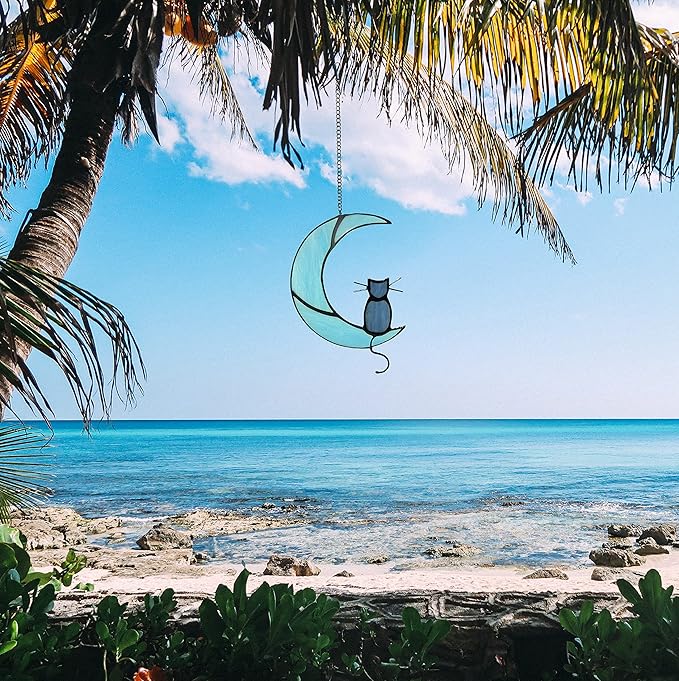 Black Cat On Bule Moon Stained Glass-VerdiqueGarden