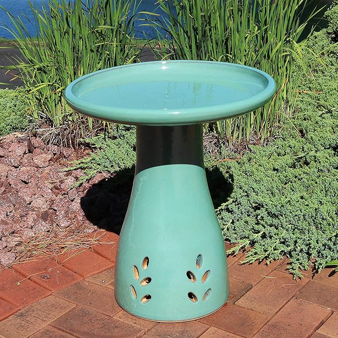 Sunnydaze 21" H Ceramic Bird Bath for Outside - Hand-Painted Outdoor Bird Bath Bowl, UV/Frost-Resistant Finish - Seafoam - Cut Out Pedestal-VerdiqueGarden