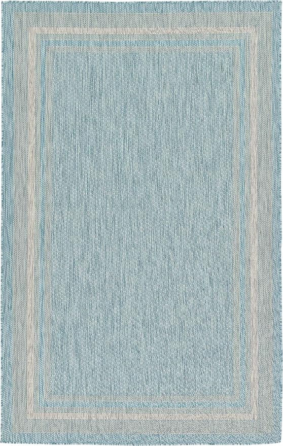 Unique Loom Outdoor Border Collection Area Rug - Soft Border (5' 1" x 8' Rectangle, Aquamarine/ Ivory)-VerdiqueGarden