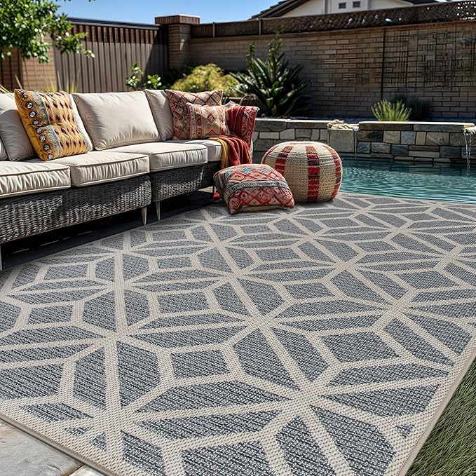 Rugshop Contemporary Geometric Design for Patio Rugs,Deck Rugs,Balcony Rugs Indoor/Outdoor Area Rug 5' x 7' Blue-VerdiqueGarden