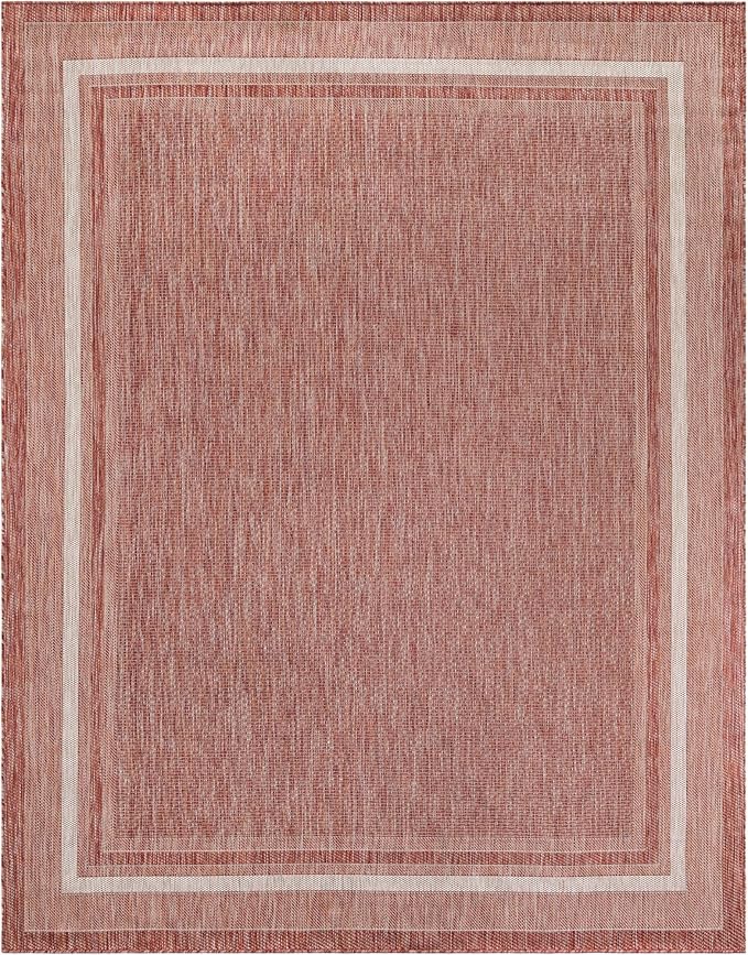 Unique Loom Outdoor Border Collection Area Rug - Soft Border (7' 10" x 10' Rectangle Rust Red/Ivory)-VerdiqueGarden