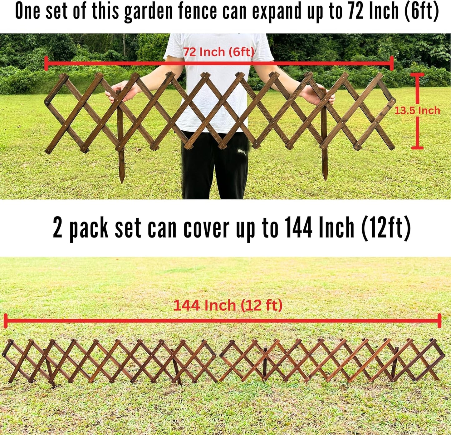 ShopLaLa Garden Fence- 2 Pack, Total 12ft (L) Wooden Lattice Flower Edging for Yard Lawn Landscape Patio Outdoor Decor, Expandable Plant Garden Trellis, Animal Barrier Fence No Dig Panel for Small Dog-VerdiqueGarden