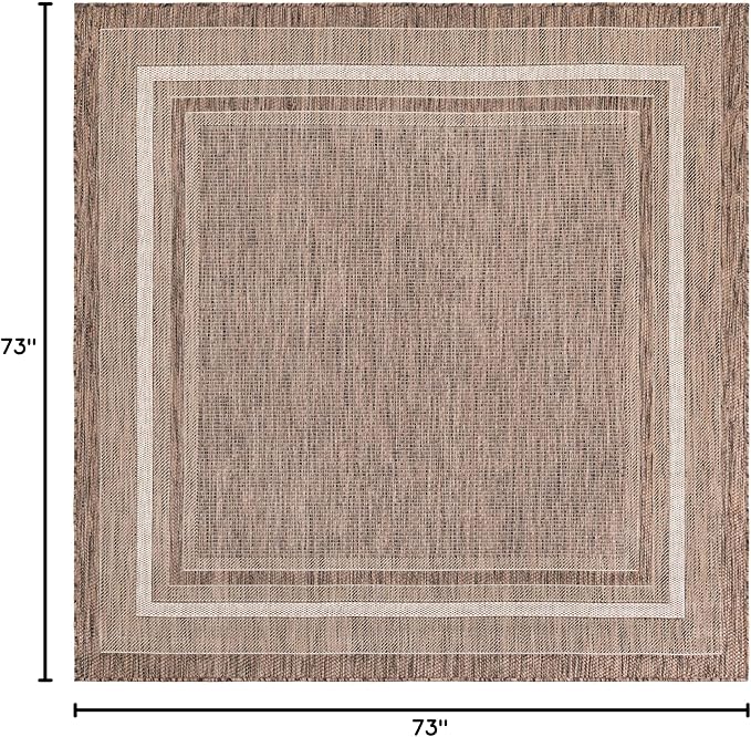 Unique Loom Outdoor Border Collection Area Rug - Soft Border (6' 1" Square Brown/Ivory)-VerdiqueGarden