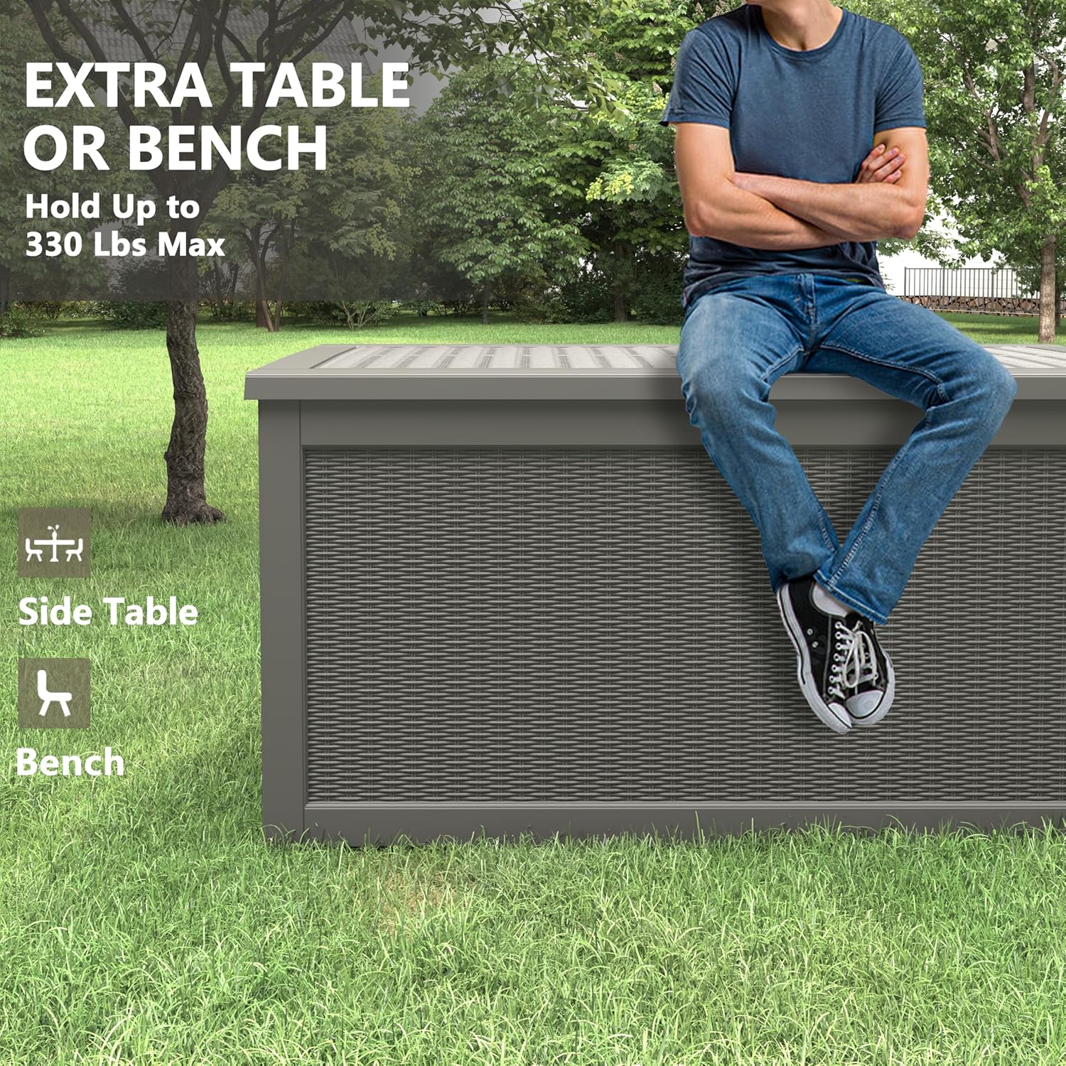 260 Gallon Resin Deck Box, Large Indoor and Outdoor Storage Box, Weatherproof and UV Resistant Outdoor Storage Box with Built-in Steel Beams for Patio Cushions, Pool Supplies-VerdiqueGarden