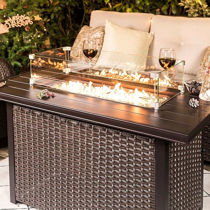 Nuu Garden Outdoor 43 Inch 50,000 BTU Propane Fire Pit Table, CSA Certified Patio Propane Fire Pit with Wind Guard, Lid, Oxford Cover, 7 lbs Glass Stone, Dark Brown-VerdiqueGarden
