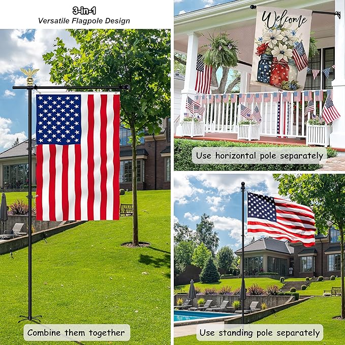 10FT Garden Flag Pole Stand for 3x5 Feet & 28x40 Inch Flags – Heavy Duty Freestanding Flagpole with 5-Prong Base – Adjustable, Lightweight Aluminum Flag Holder for Yard, Outdoor, Lawn – Black-VerdiqueGarden