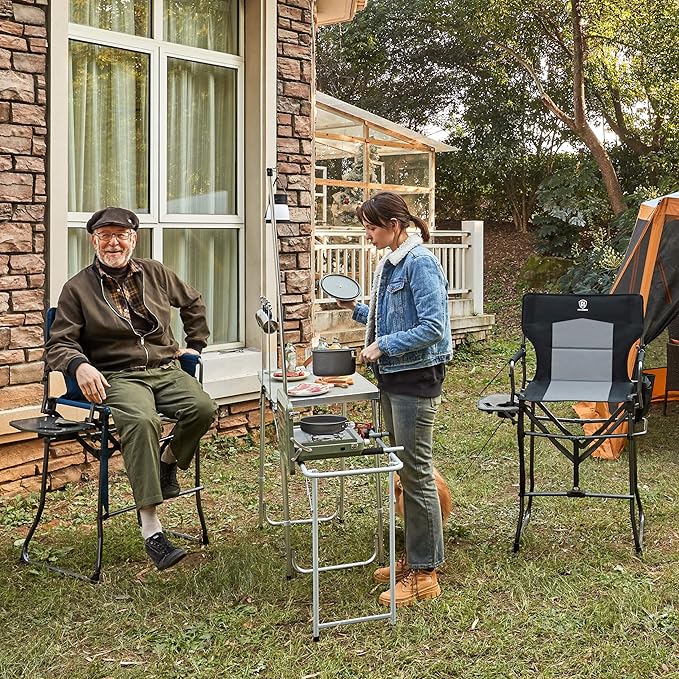 EVER ADVANCED Portable 30.7" Seat Height Tall Folding Chair Directors Chair High Foldable Bar Stool with Side Table for Makeup Artist, Camping, Sports Event, Craft Show, Supports 350LBS Blue Grey-VerdiqueGarden