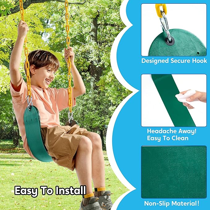 TURFEE Heavy Duty Swing Seat Green Color with 66” Chain, Swing Set Accessories Replacement with Snap Hooks for Kids Outdoor Play Playground-VerdiqueGarden