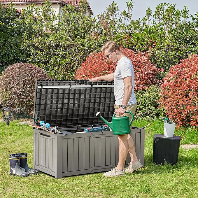 YITAHOME 120 Gallon Outdoor Storage Deck Box, Large Resin Patio Storage for Outdoor Pillows, Garden Tools and Pool Supplies, Waterproof, Lockable (Light Brown)-VerdiqueGarden