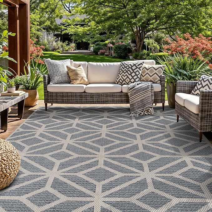 Rugshop Contemporary Geometric Design for Patio Rugs,Deck Rugs,Balcony Rugs Indoor/Outdoor Area Rug 5' x 7' Blue-VerdiqueGarden